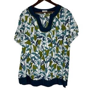 Charter Club 24W Linen Scoopneck Blouse Blue Floral Plus-Size Casual Summer